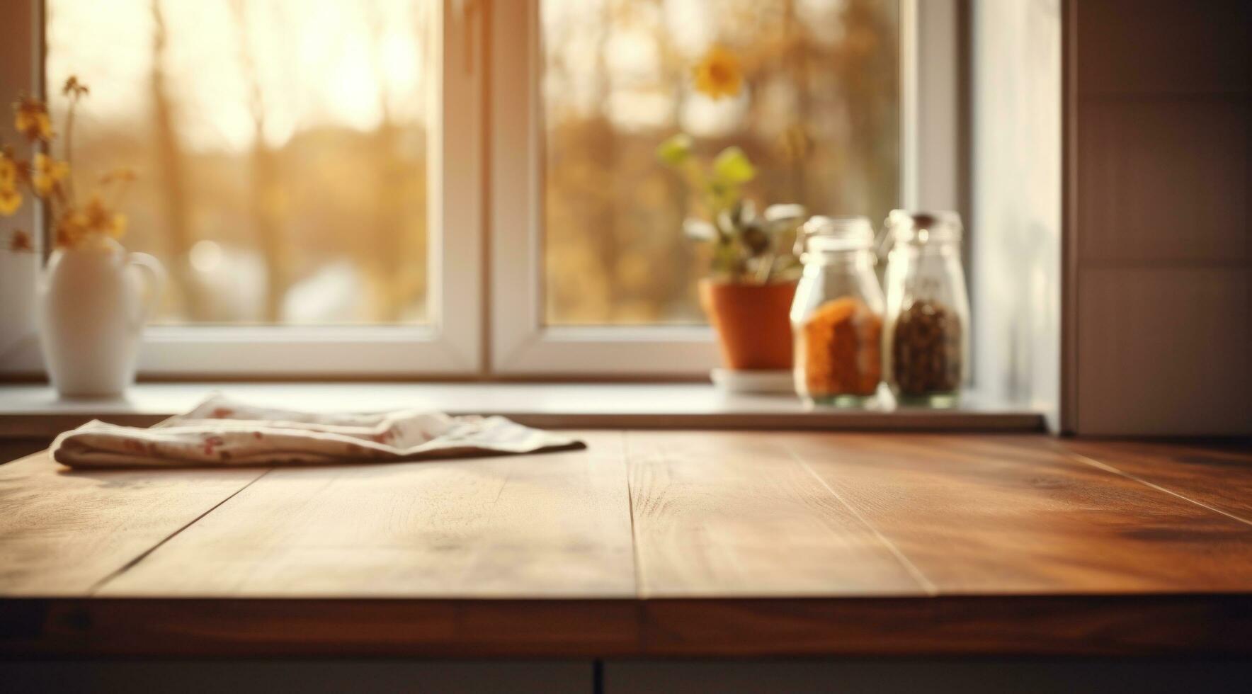 ai generado madera cocina mesa en ventana antecedentes borroso, foto