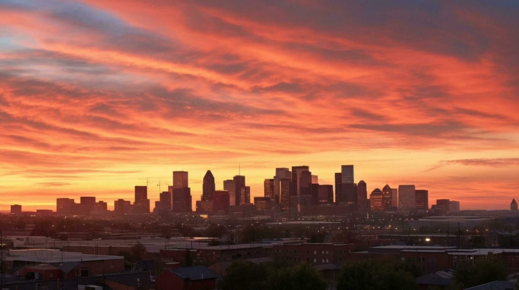 AI generated A breathtaking photo of a city skyline at sunset, with warm spring colors painting the sky