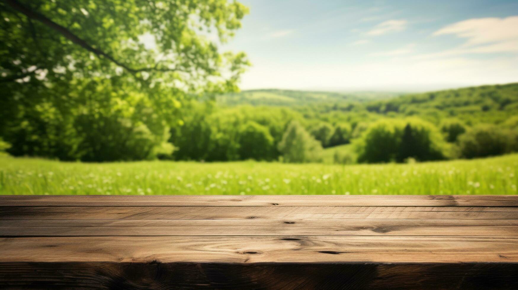 AI generated wood wooden table and grass background, nature, photo