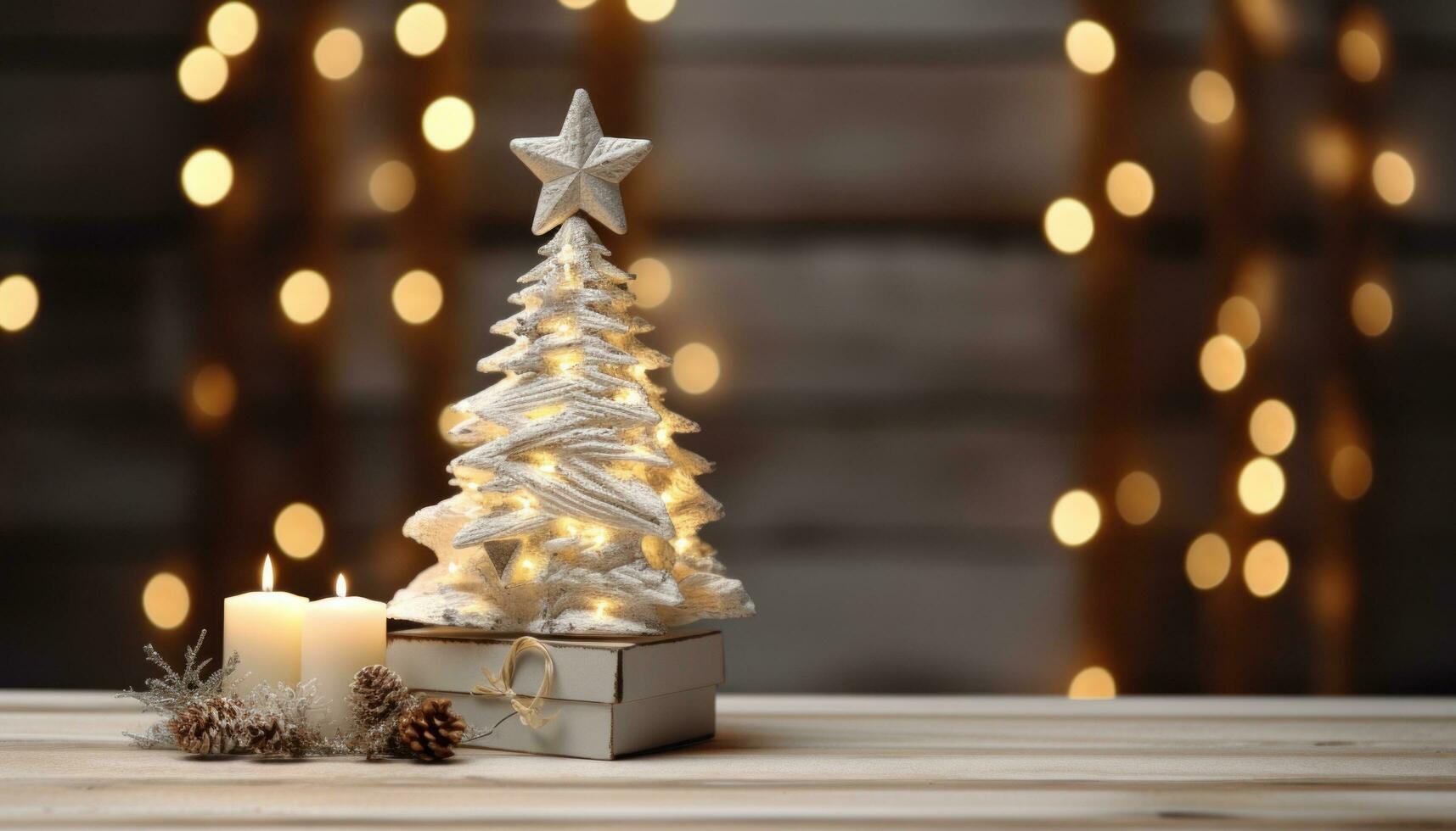 AI generated shabby chic holiday tree on a wooden table, a candlelight in the background, photo