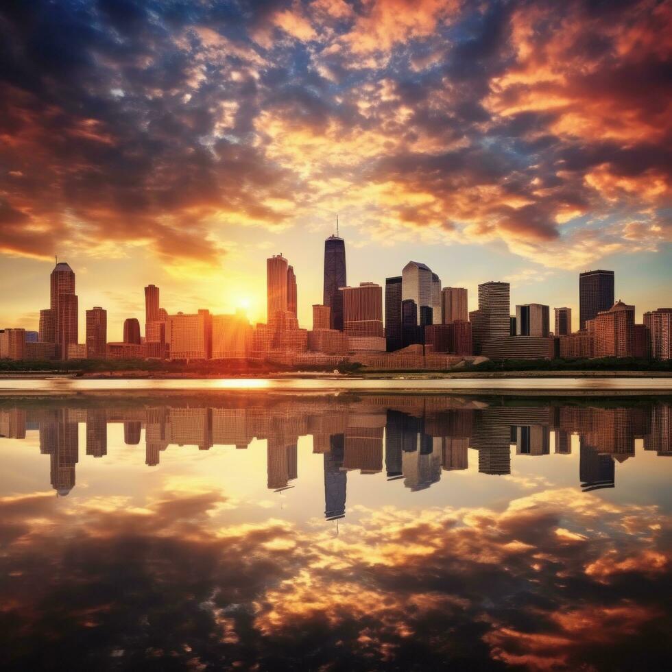 AI generated A breathtaking photo of a city skyline at sunset, with warm spring colors painting the sky