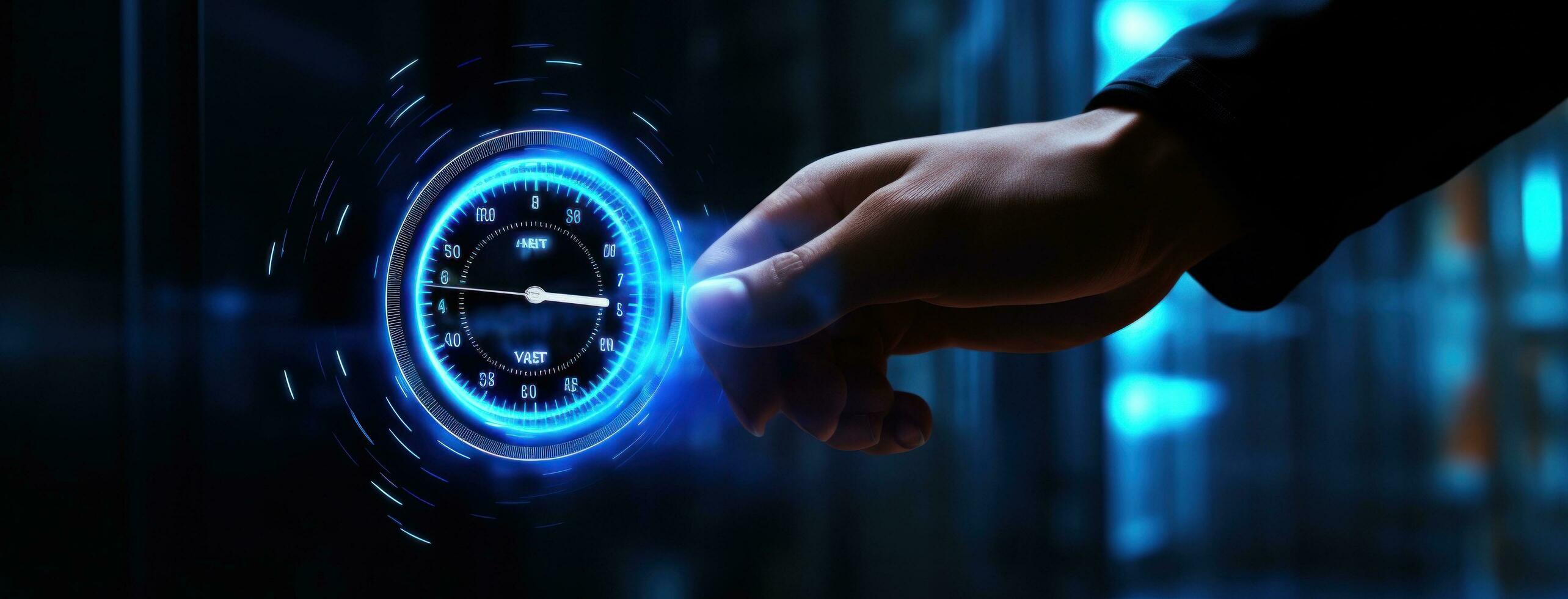 AI generated man with blue button showing data on time photo