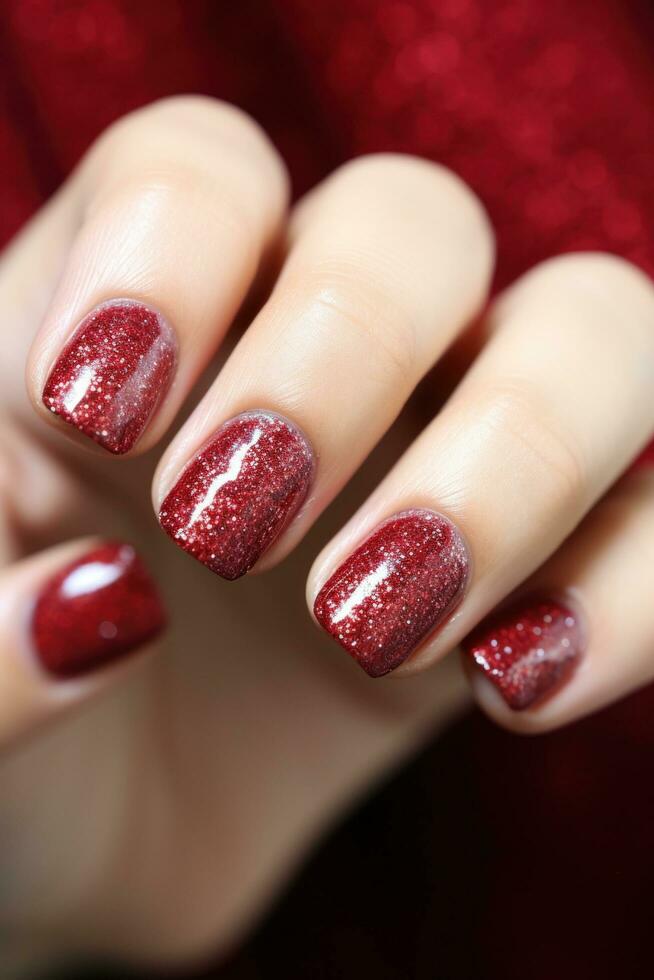 AI generated red glitter nail manicure photo