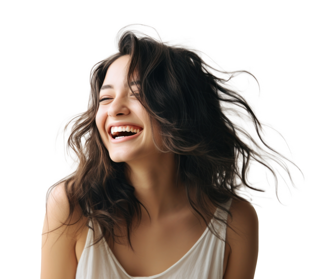 AI generated young woman laughing on white background png