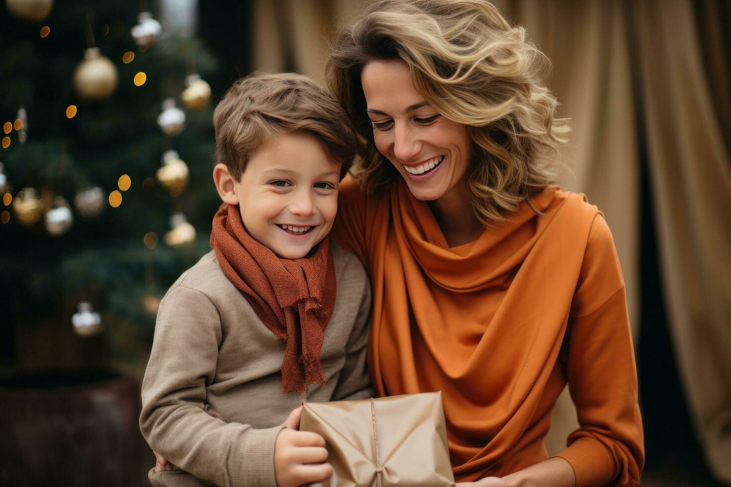 ai generado mujer participación un presente y su hijo al aire libre cerca un Navidad árbol foto