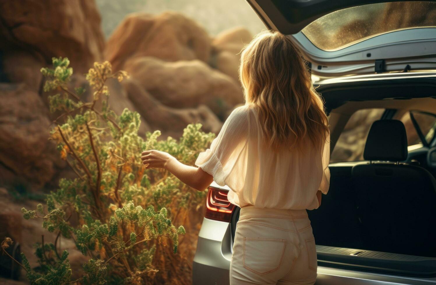 ai generado mujer abre maletero de coche en verano, foto