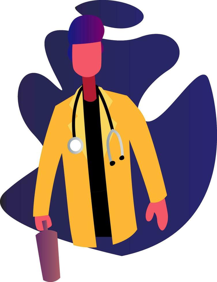 Doctor in yellow coat in front of blue shape vector occupation illustration on a white background