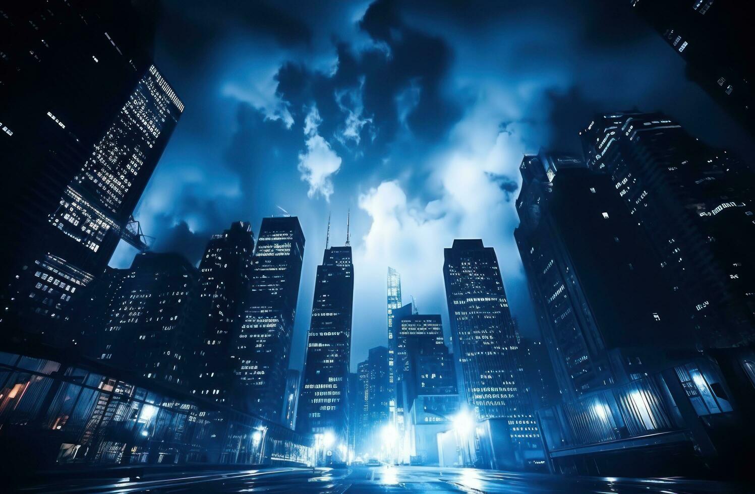AI generated view from below of the blue and white city skyline at night photo