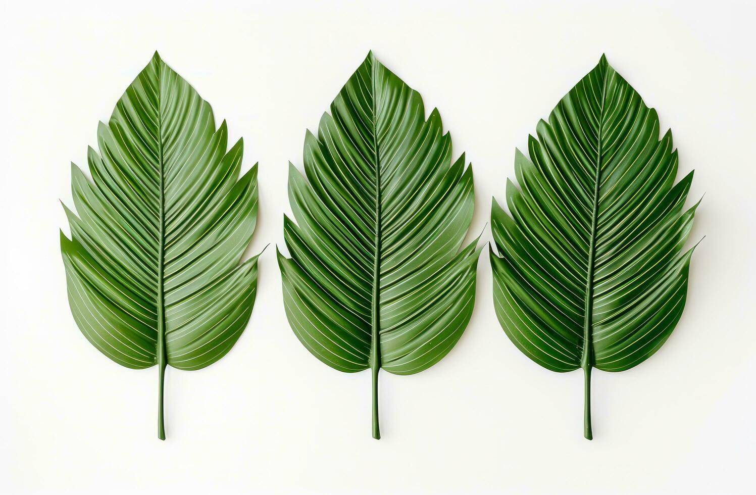 AI generated three leaves of green palm trees in a white background, photo