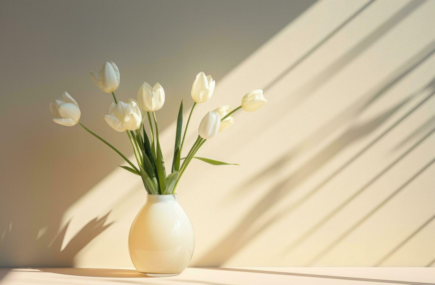 AI generated tulips in a clear glass vase with shadow coming off of a wall, photo