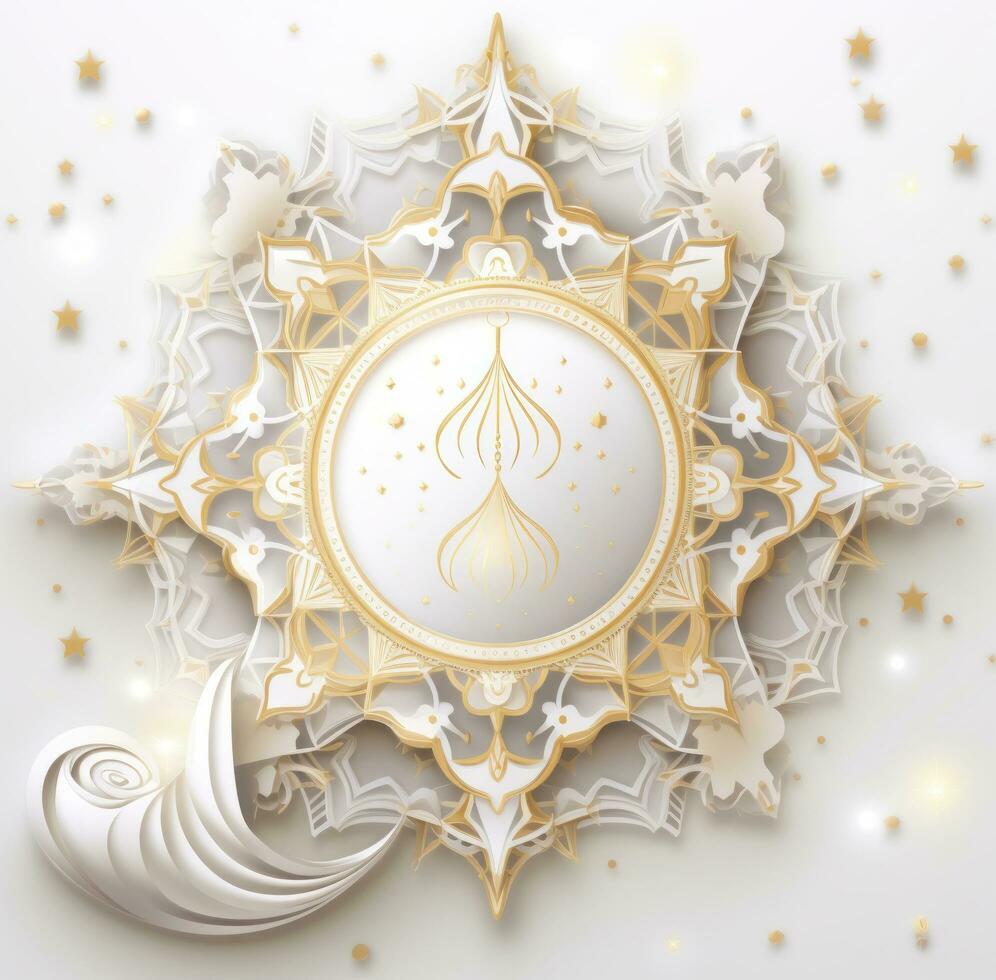 AI generated ramadan decoration with golden moon frame and lantern photo