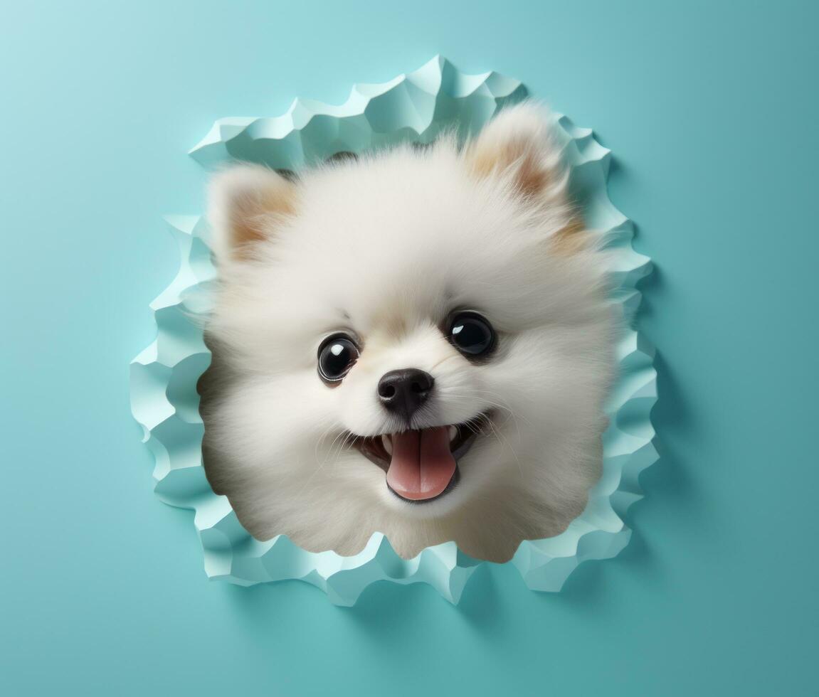 AI generated pomeranian puppy peeking out of hole, photo