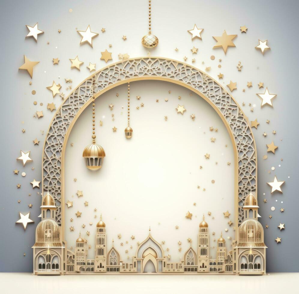 AI generated ramadan decoration with golden moon frame and lantern photo