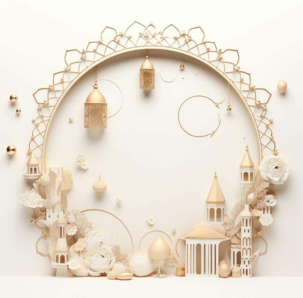 AI generated ramadan decoration with golden moon frame and lantern photo