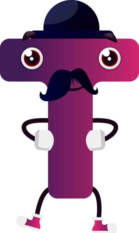 Purple letter T wiyh black mustache and hat vector illustration on white background