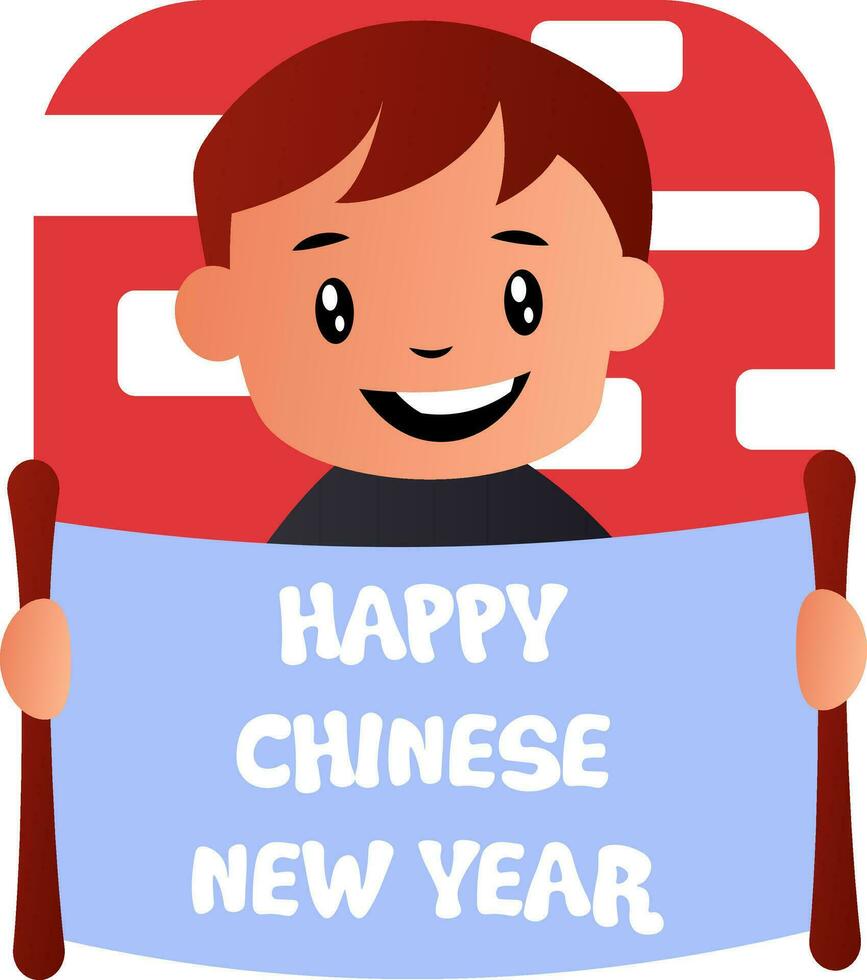 Cartoon boy celebrating chinese new year vector illustration on white background