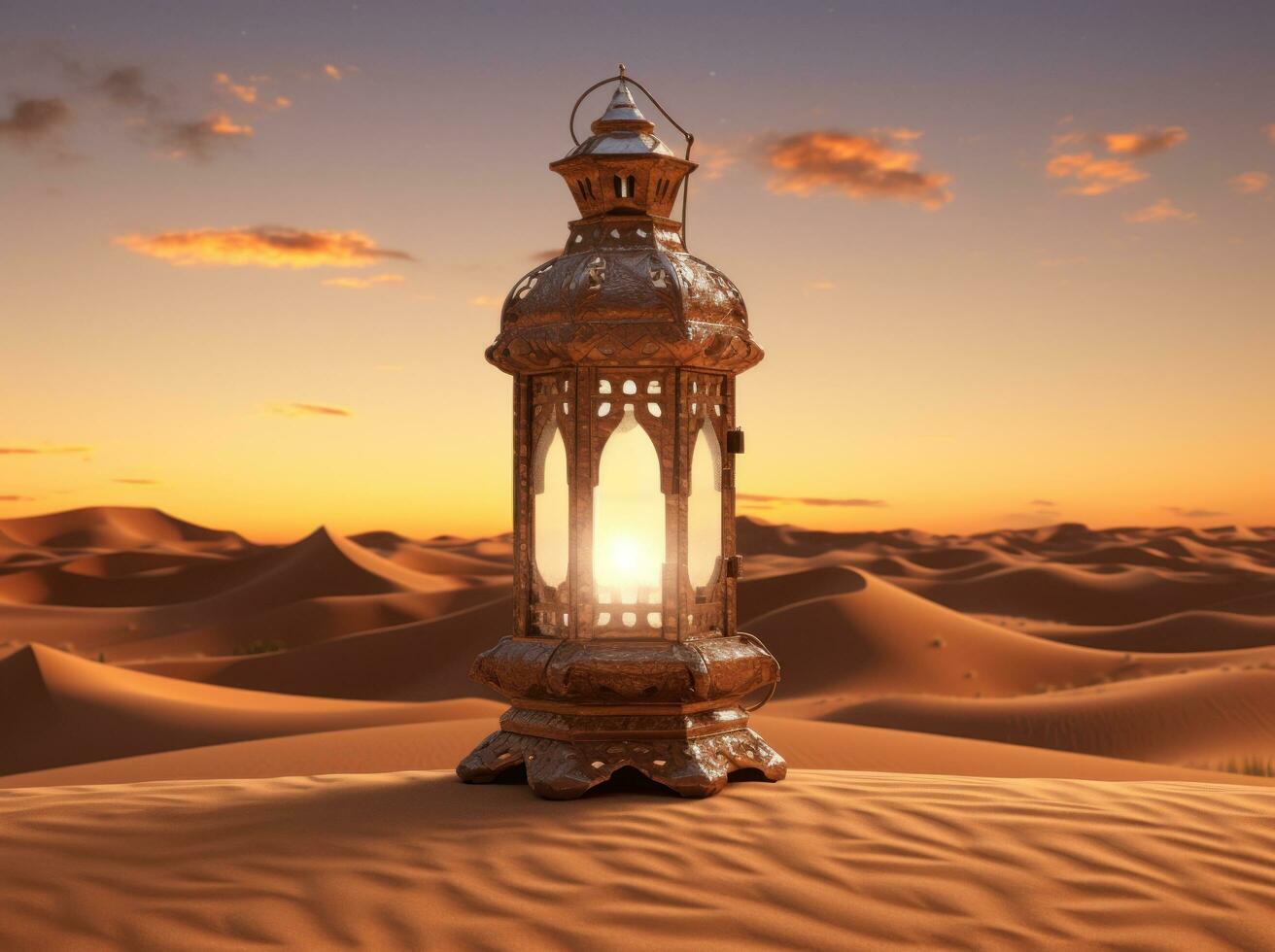 AI generated old arabic lantern with a lantern on top of desert, photo