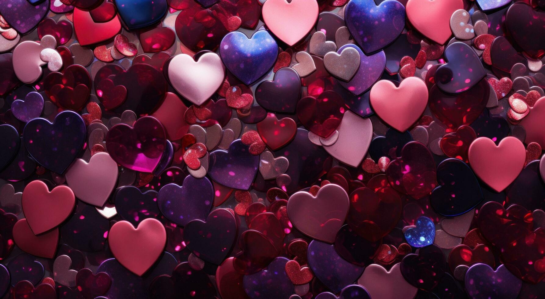 AI generated pink hearts glistening in the red ground, photo