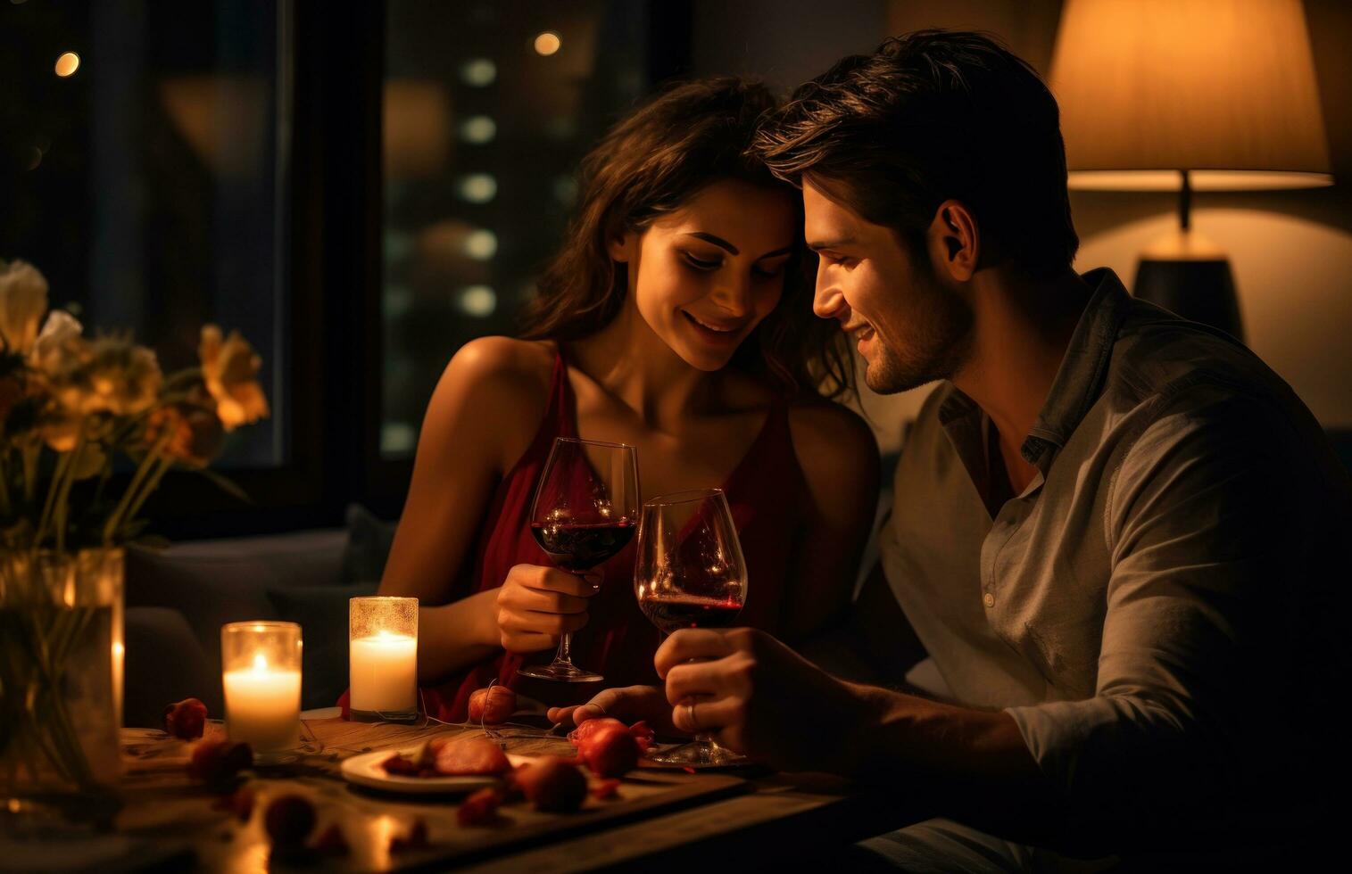 AI generated man on date toasting wine with woman sitting on a bed photo