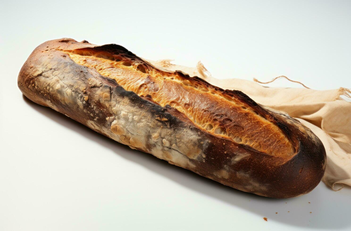 ai generado largo tostado un pan en blanco fondo, foto