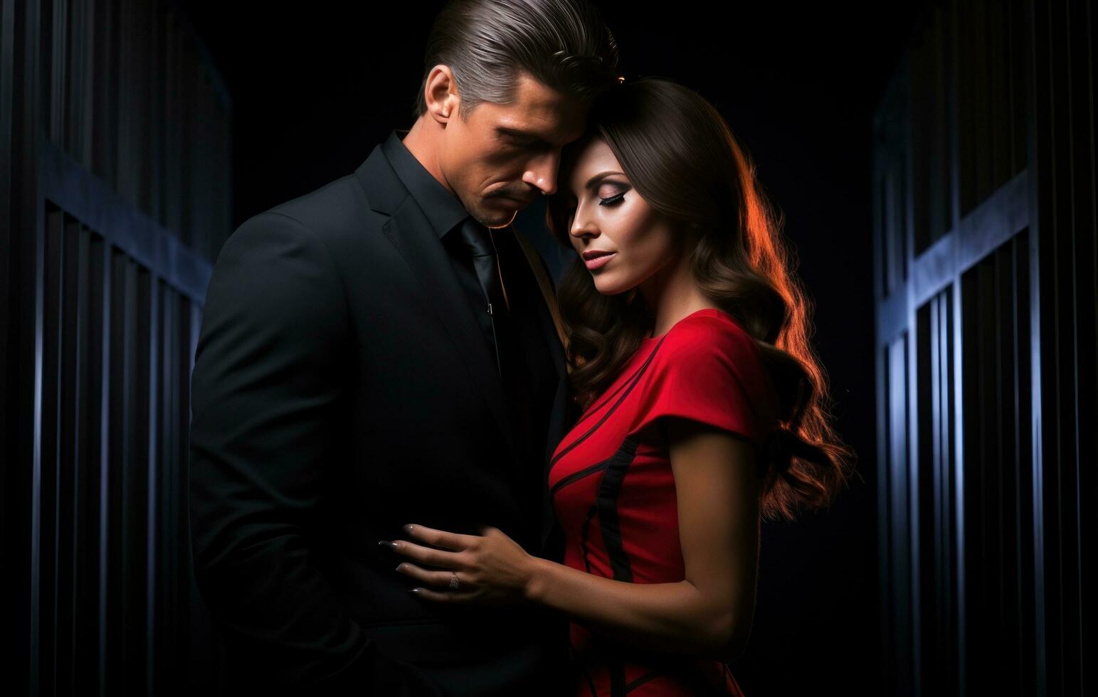 ai generado hombre y mujer abrazando en rojo vestir en oscuro de fumar antecedentes en el medio de un negro pasillo, foto