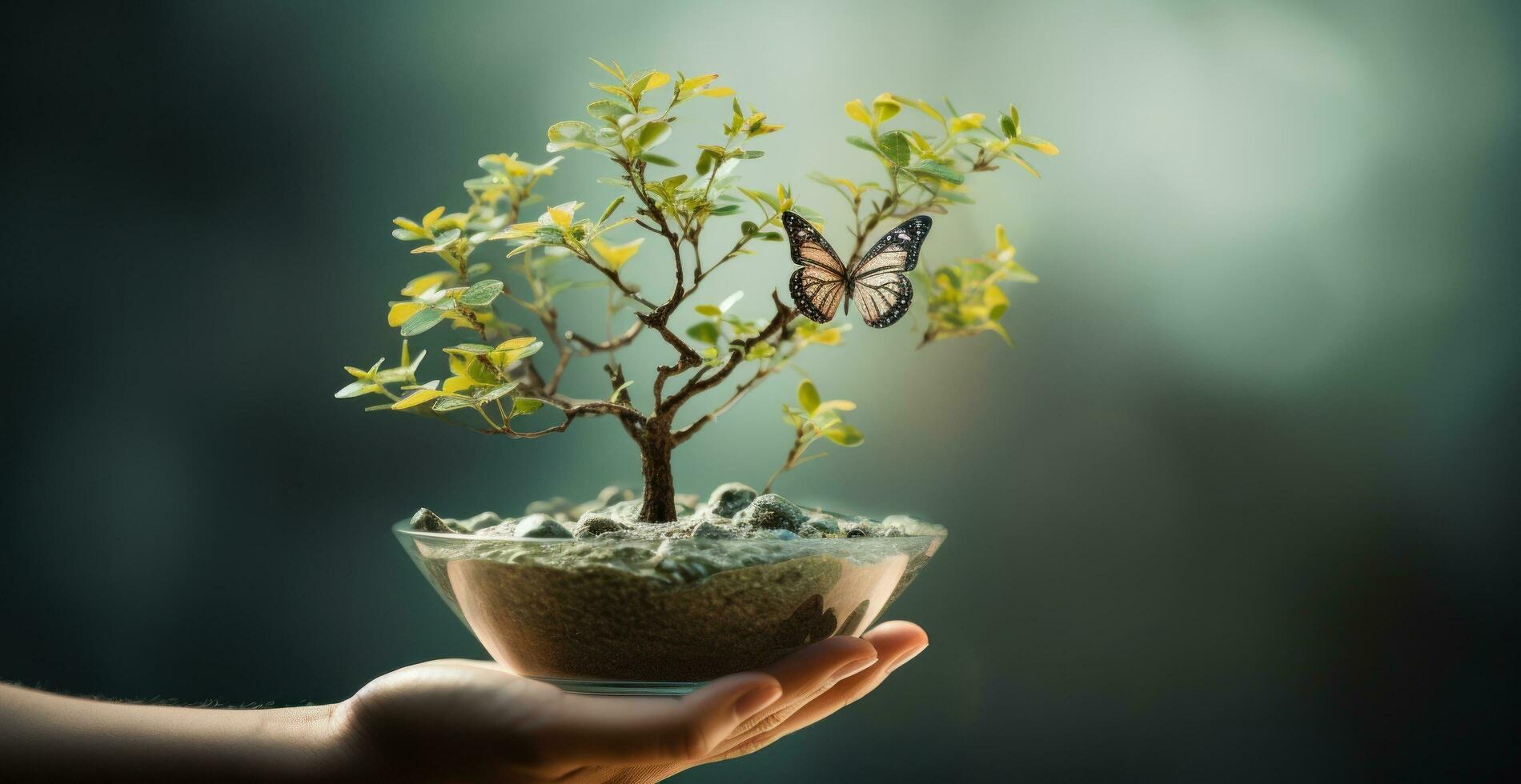 AI generated man's hand holding a small earthshaped tree with butterfly, photo