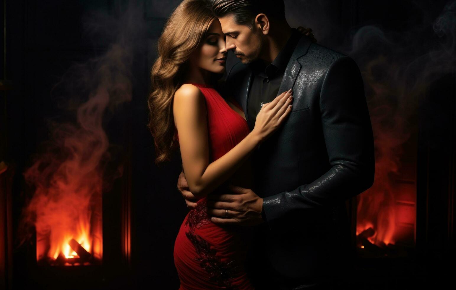 AI generated man and woman hugging in red dress in dark smoking background in the middle of a black hallway, photo