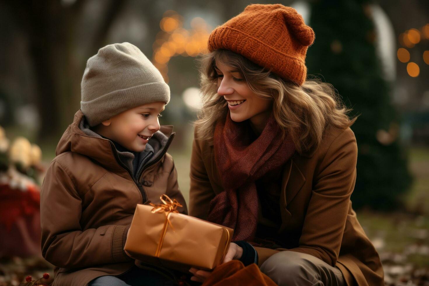 AI generated mother and son with christmas present in the park with present wrapping photo