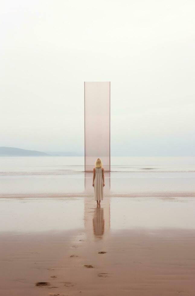 AI generated lonely blonde young woman on sandy beach sandy beac, photo