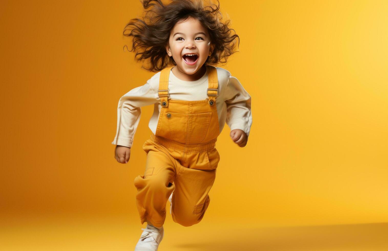 AI generated happy little girl in a pair of overalls jumping, i photo