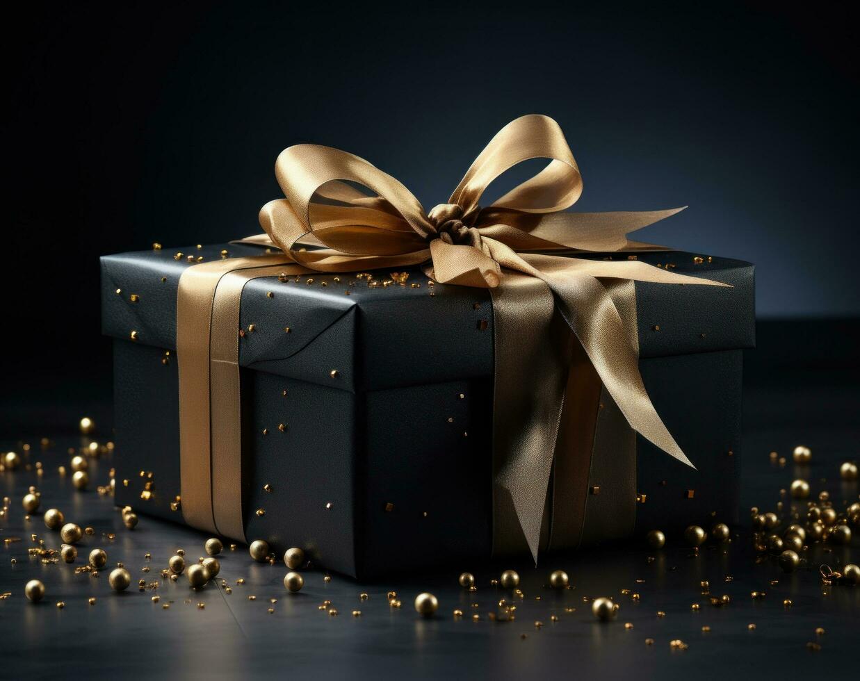 AI generated gift box on a black background with ribbons, dark black and black, photo