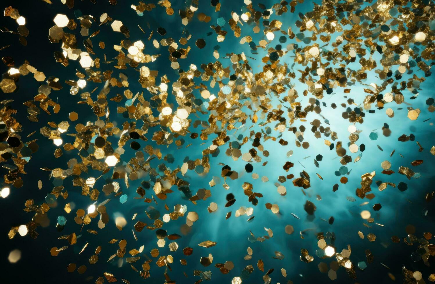 AI generated gold confetti falling over a turquoise background, photo