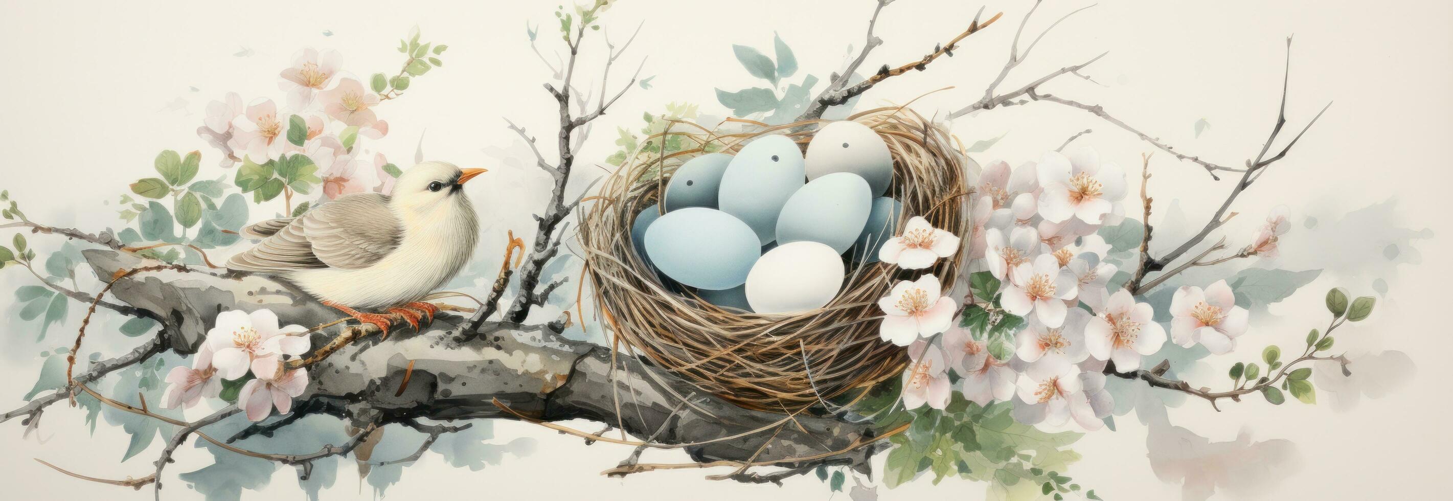 AI generated egg nest with flowers, eggs, seeds, photo