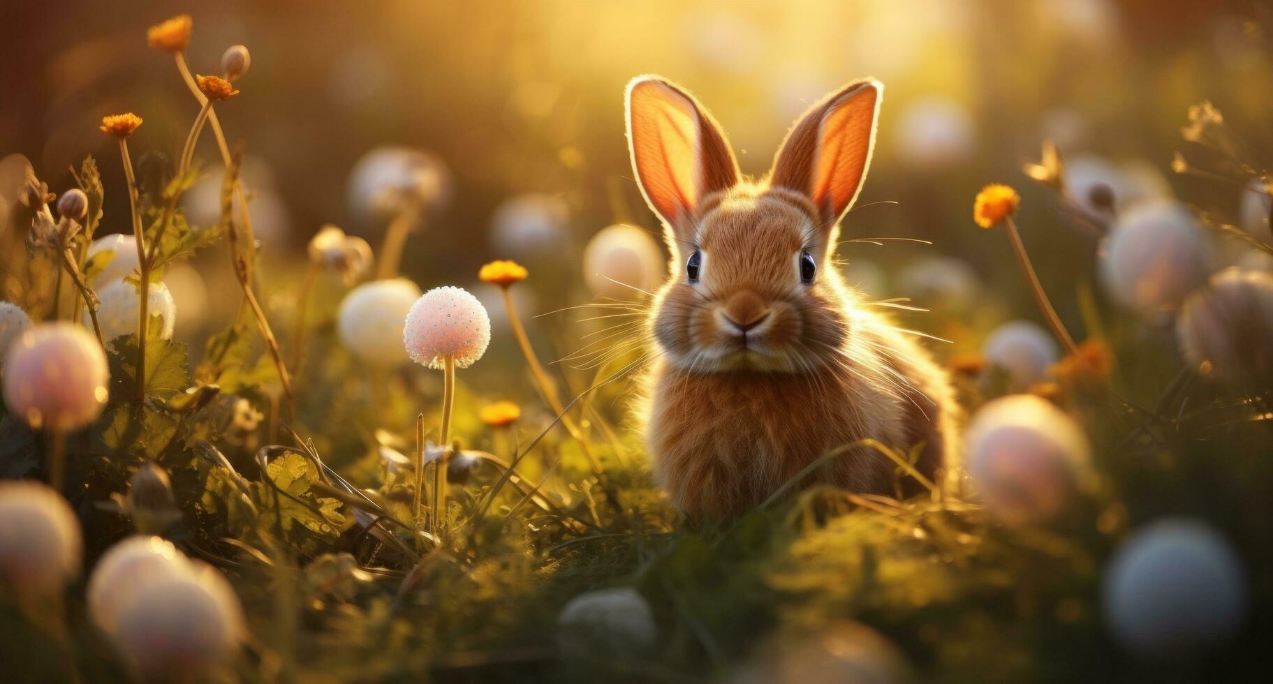 AI generated easter eggs with ears, a grass and flowers photo