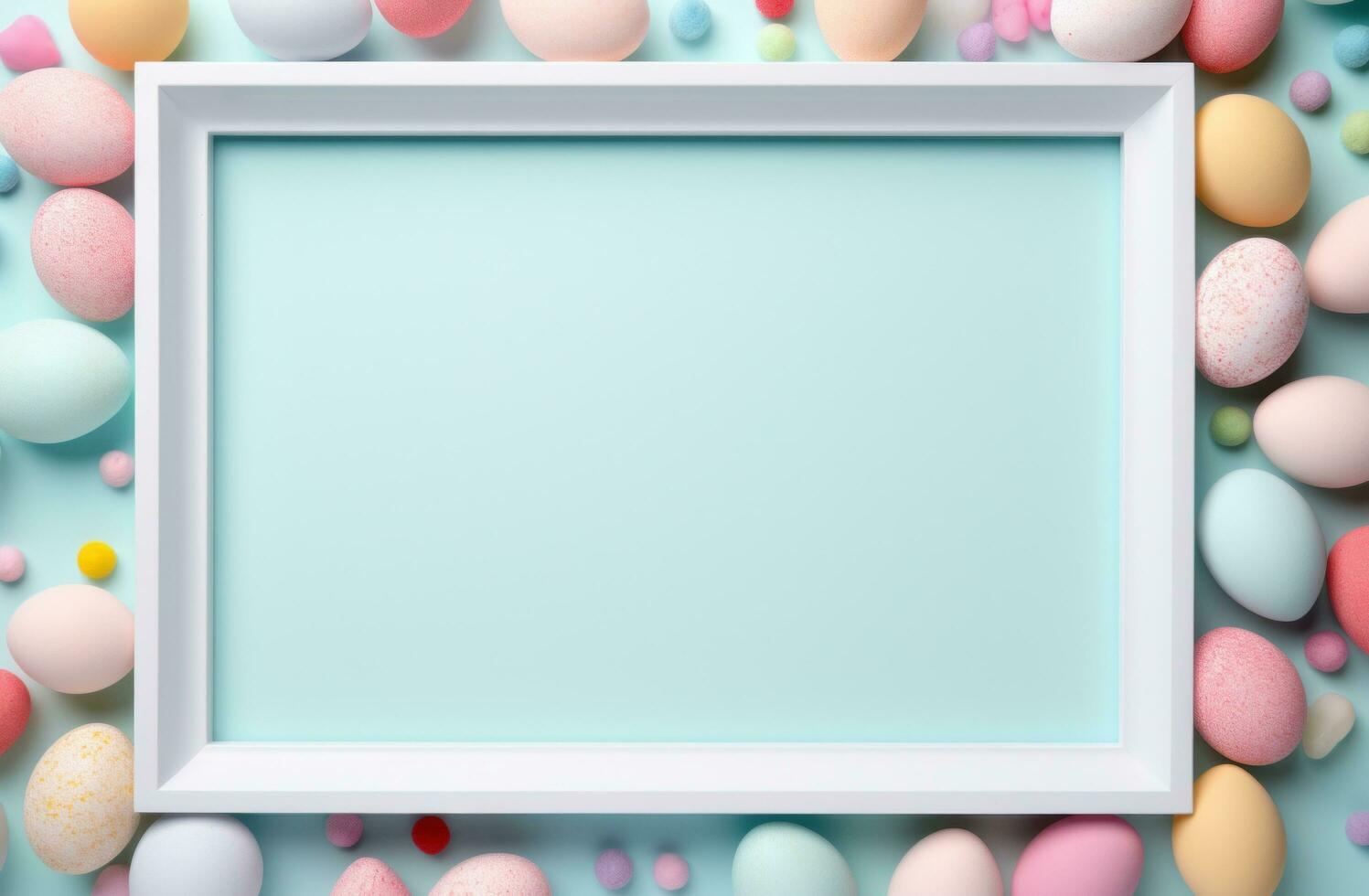 AI generated empty frame on blue background of easter eggs, photo