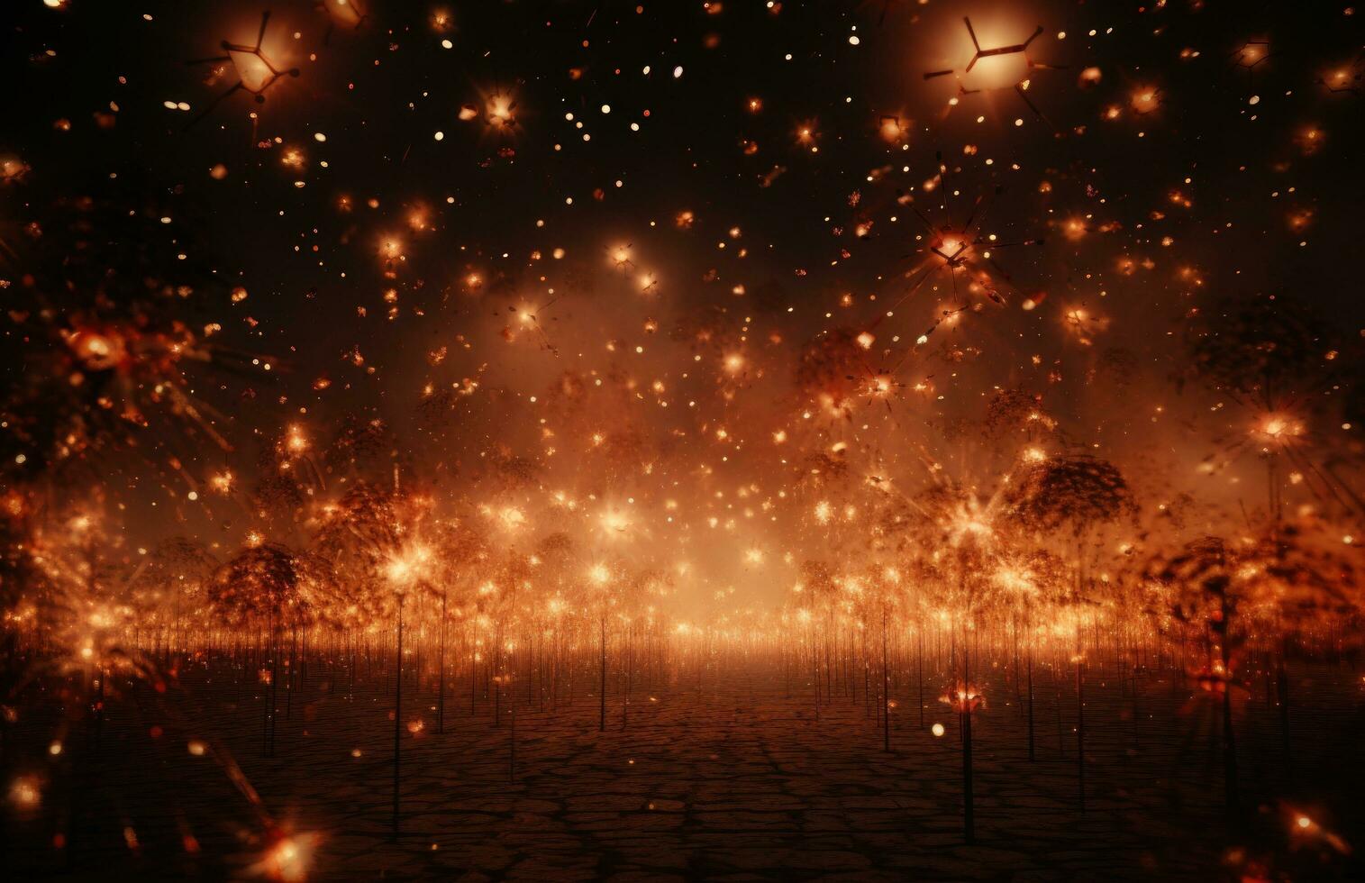 AI generated different fireworks and sparklers are shown over a red background, photo