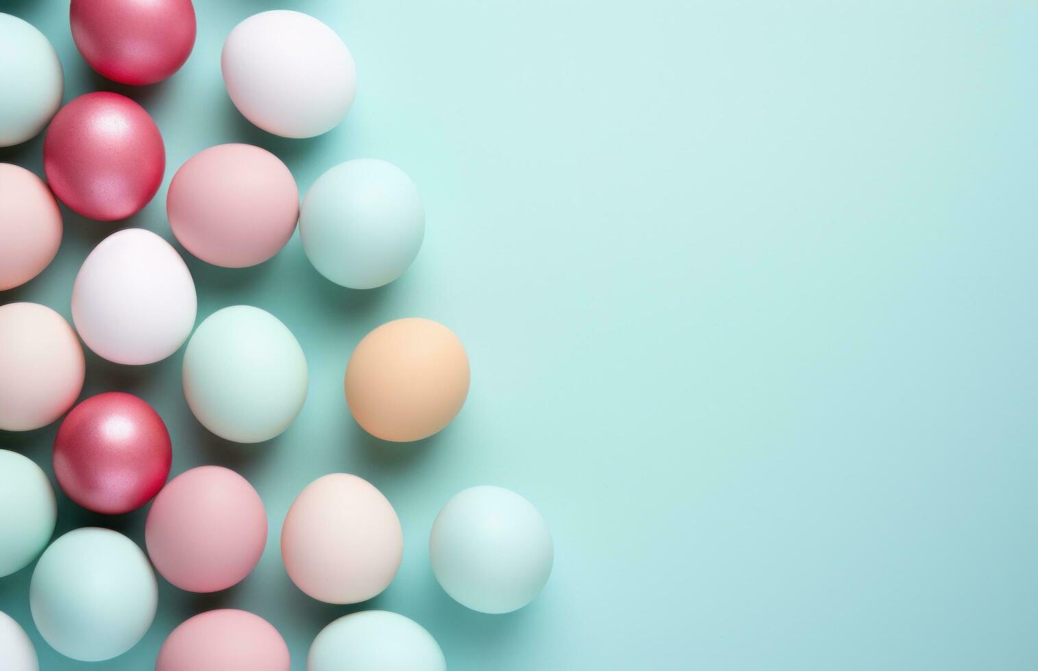 AI generated easter eggs and frame surrounded on a blue table, photo