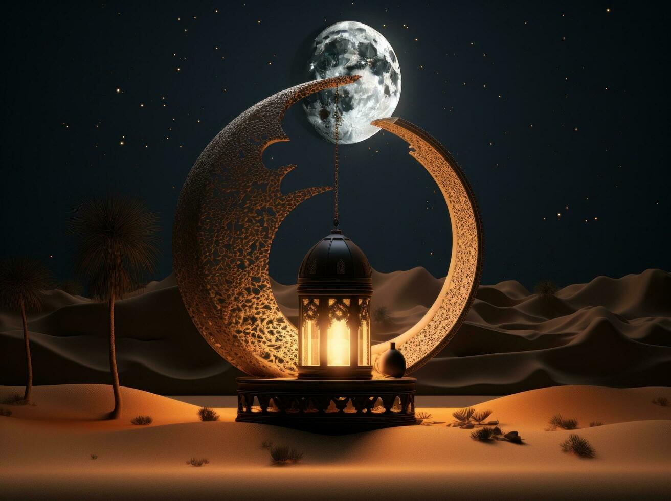 ai generado decorativo Desierto lámpara con el Luna y Dom en el fondo, foto