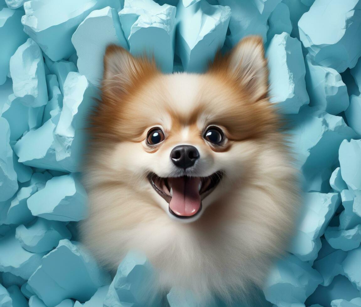 AI generated cute dog pomeranian looking out of a hole in the wall, photo