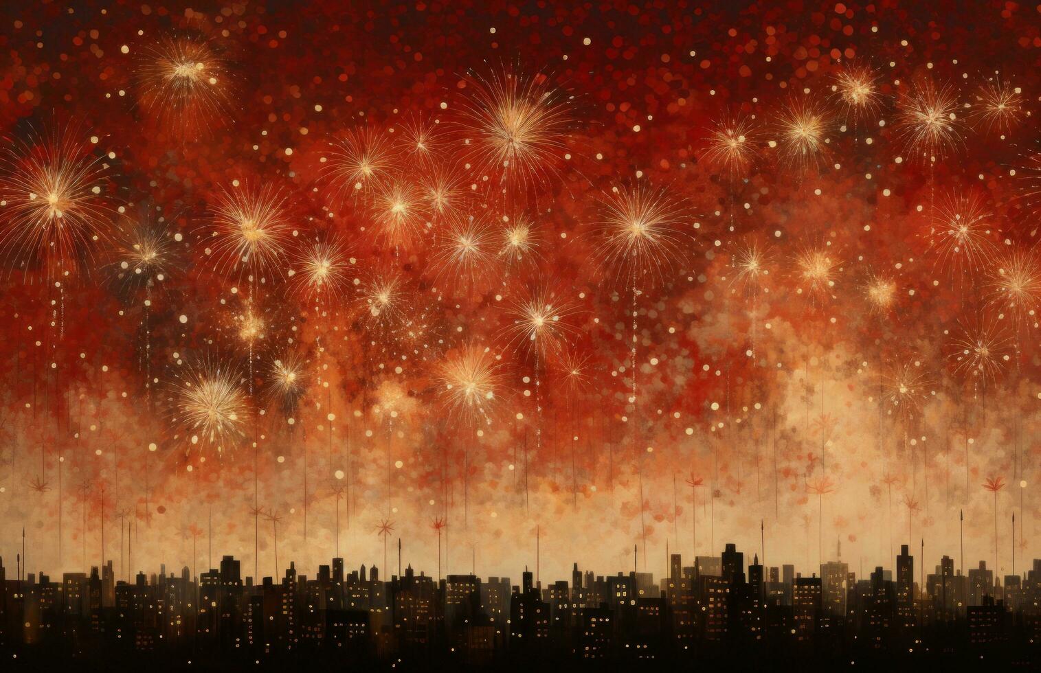 AI generated different fireworks and sparklers are shown over a red background, photo