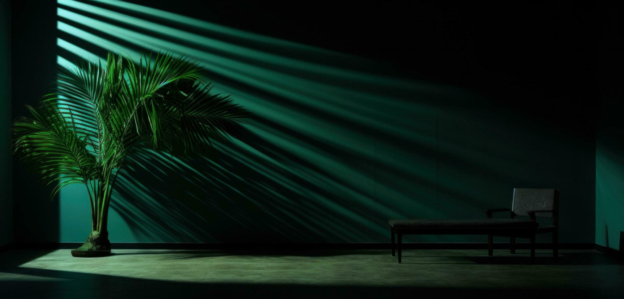 AI generated dark room with room darkening shadow by shadow of palm tree photo