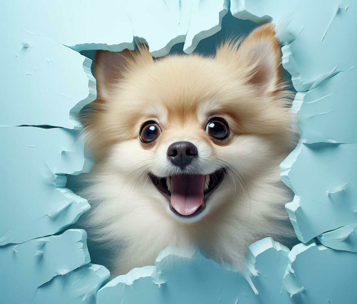ai generado linda perro pomeranio mirando fuera de un agujero en el muro, foto