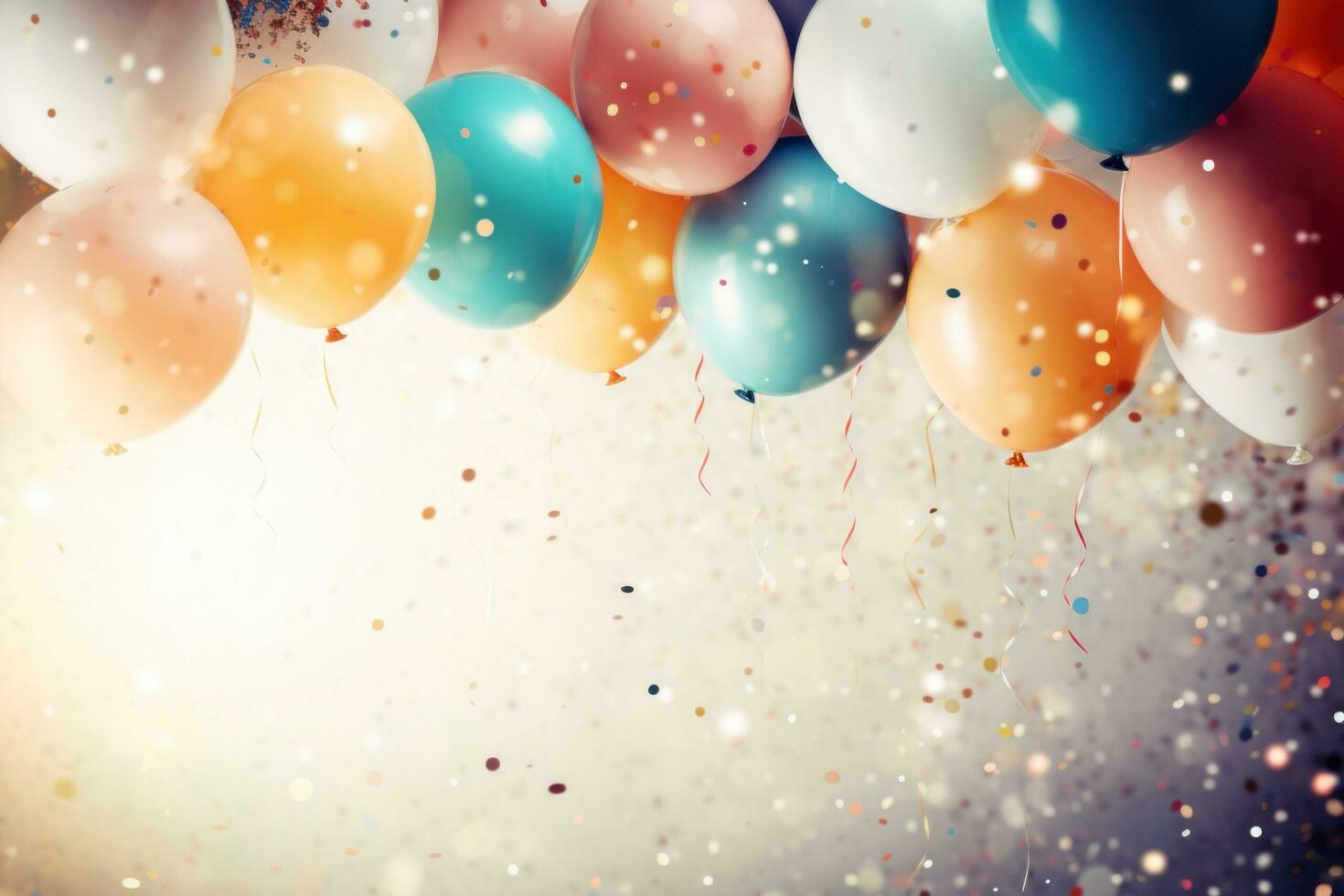 AI generated colorful party background with confetti, balloons and ribbons, photo