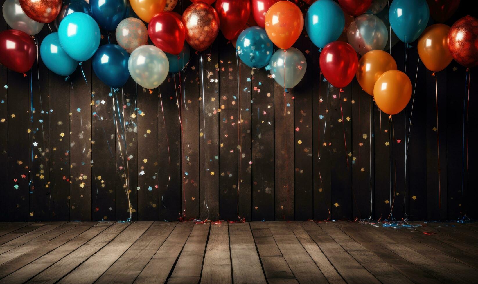 AI generated colorful balloons and confetti flying over wooden background, photo