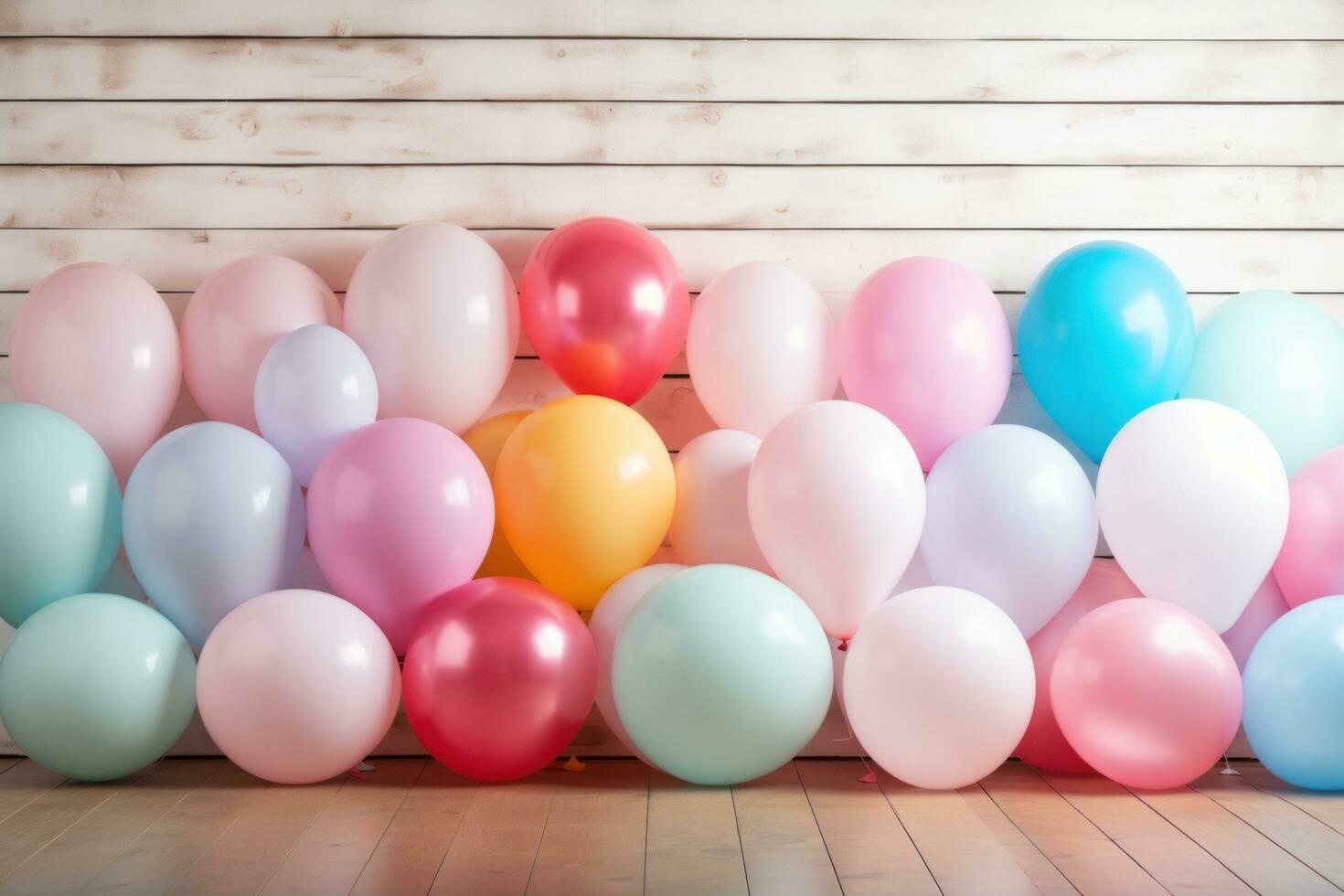 AI generated colorful balloons arranged in a frame on a wooden background, photo