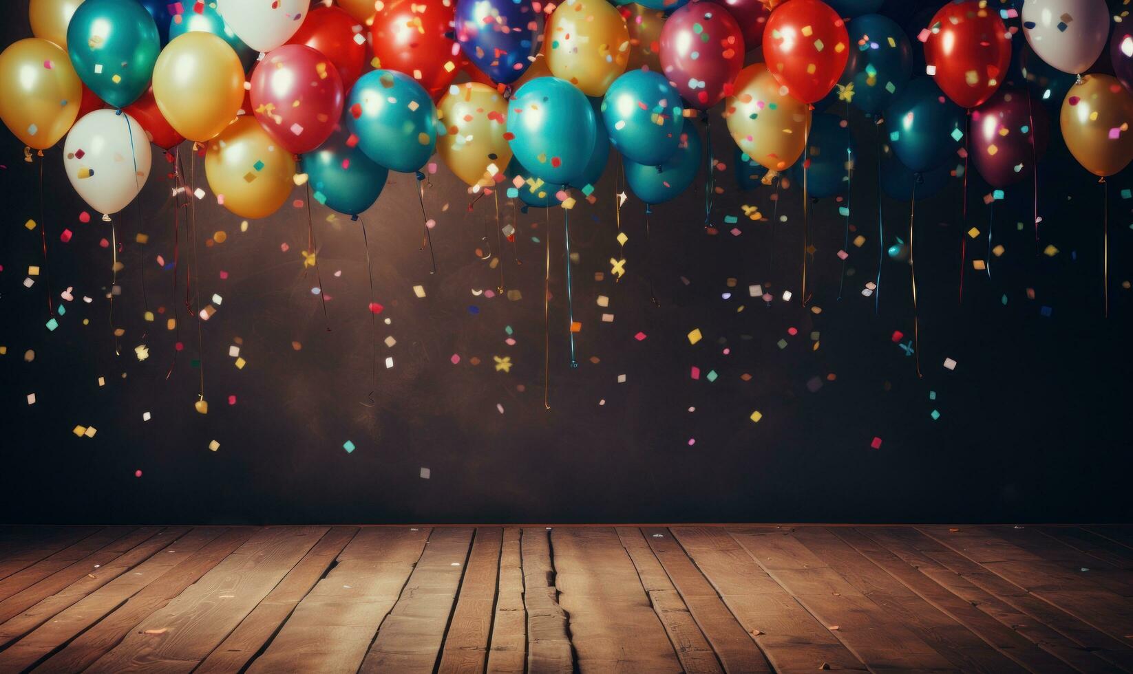 AI generated colorful balloons and confetti flying over wooden background, photo