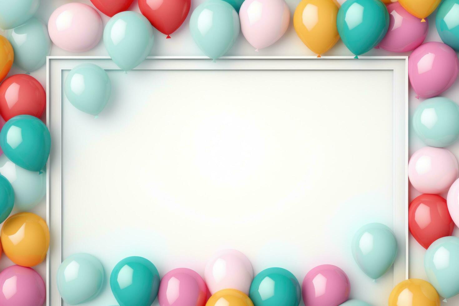 AI generated colorful balloons arranged in a frame on a wooden background, photo