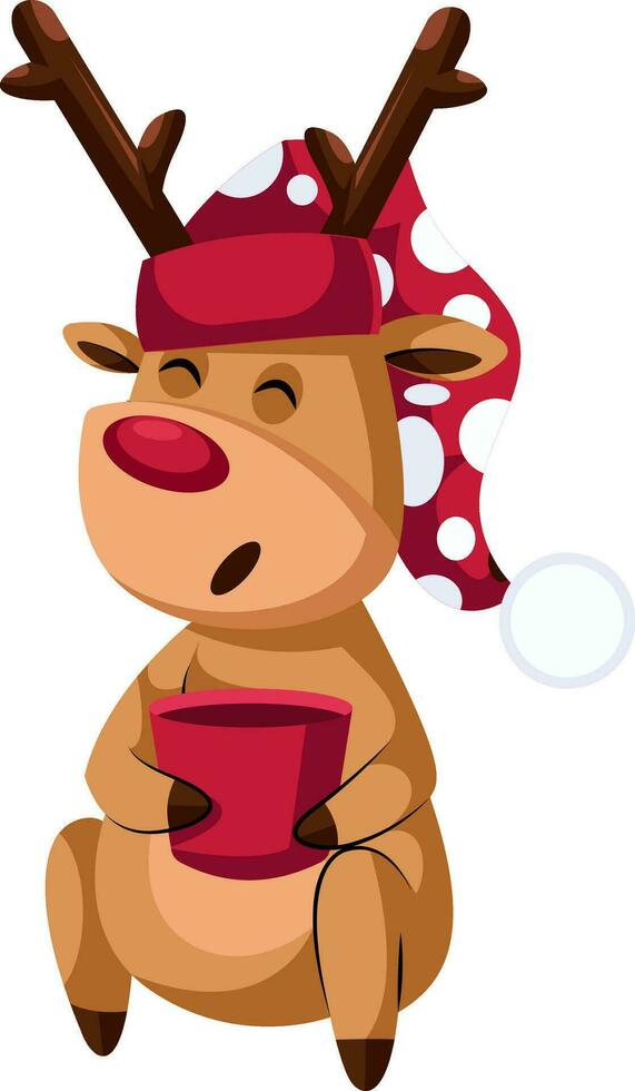 Christmas deer with red hat and mug with tea vector illustration on a white background