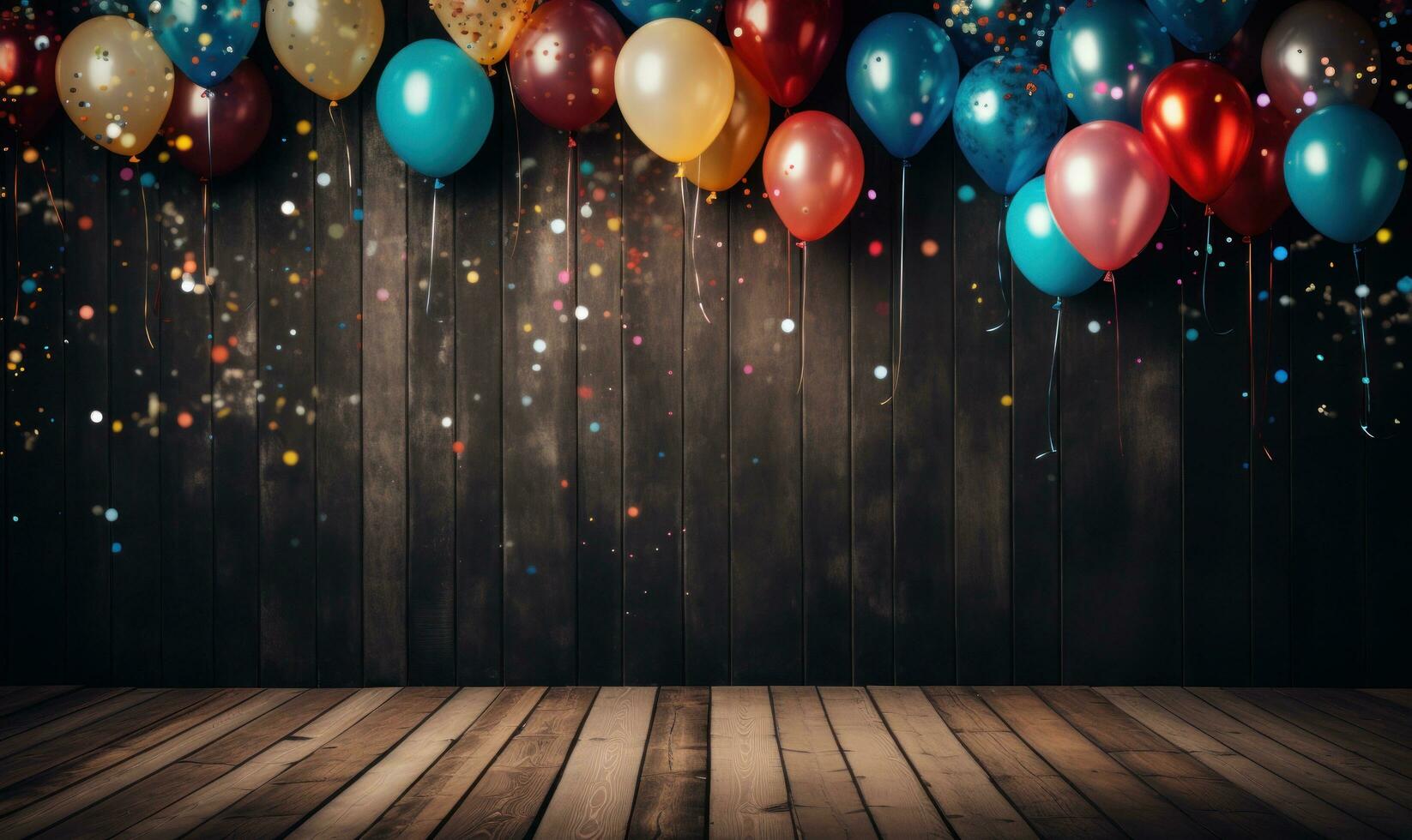 AI generated colorful balloons and confetti flying over wooden background, photo