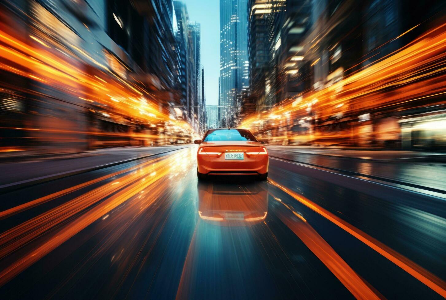 AI generated car speeds in the fast city in blurred motion, photo